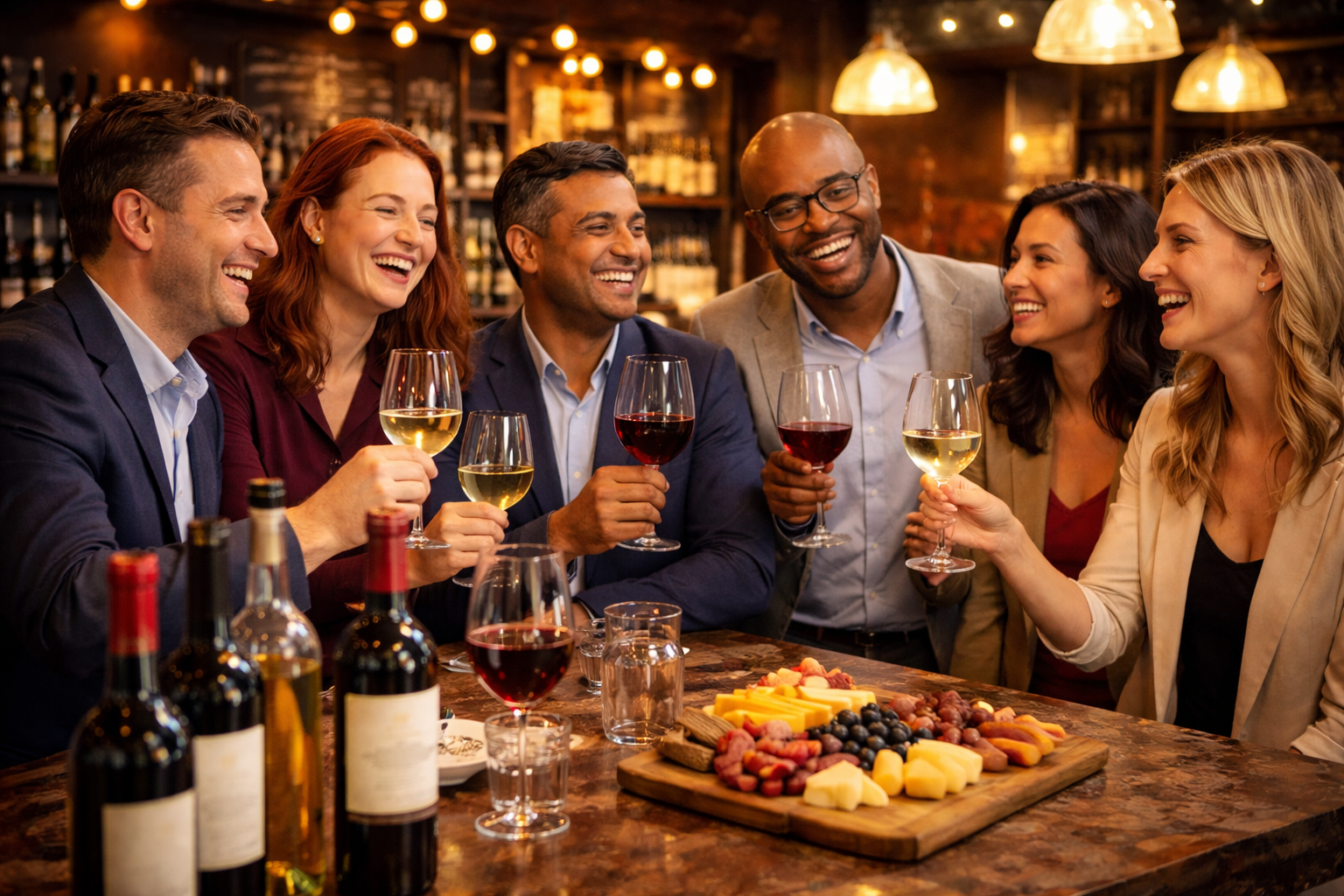 Office wine tasting event with colleagues enjoying drinks around a bar