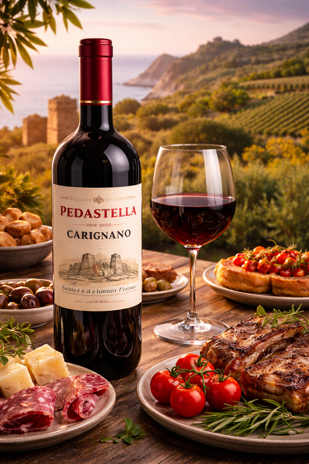 Pedastella Carignano Sardinian red wine bottle with glass and Mediterranean food in vineyard setting