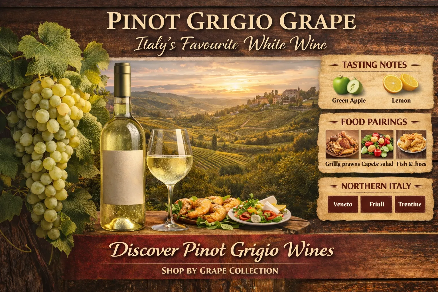 Pinot Grigio Grape – Italy’s Favourite White Wine Pinot Grigio white wine with northern Italian vineyard and seafood pairings