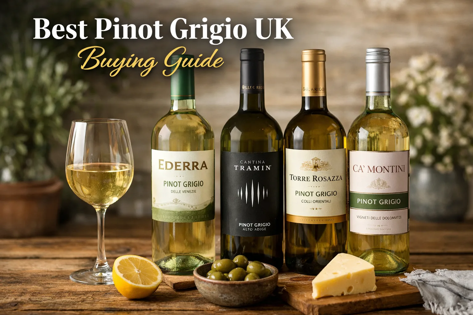 best pinot grigio uk bottles with wine glass on rustic table