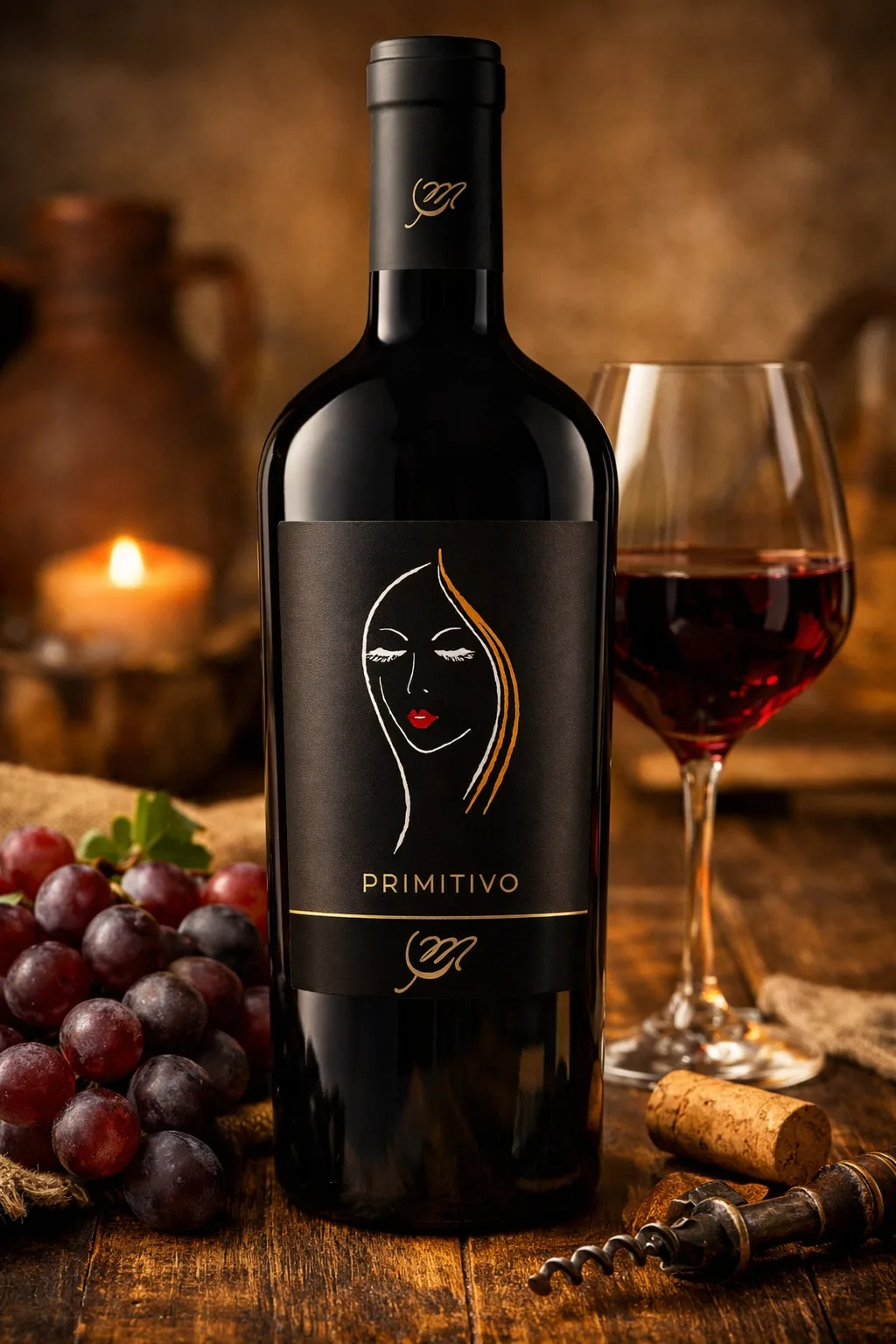 Elegance Line Primitivo Puglia IGP Italian red wine bottle with glass of red wine on rustic table
