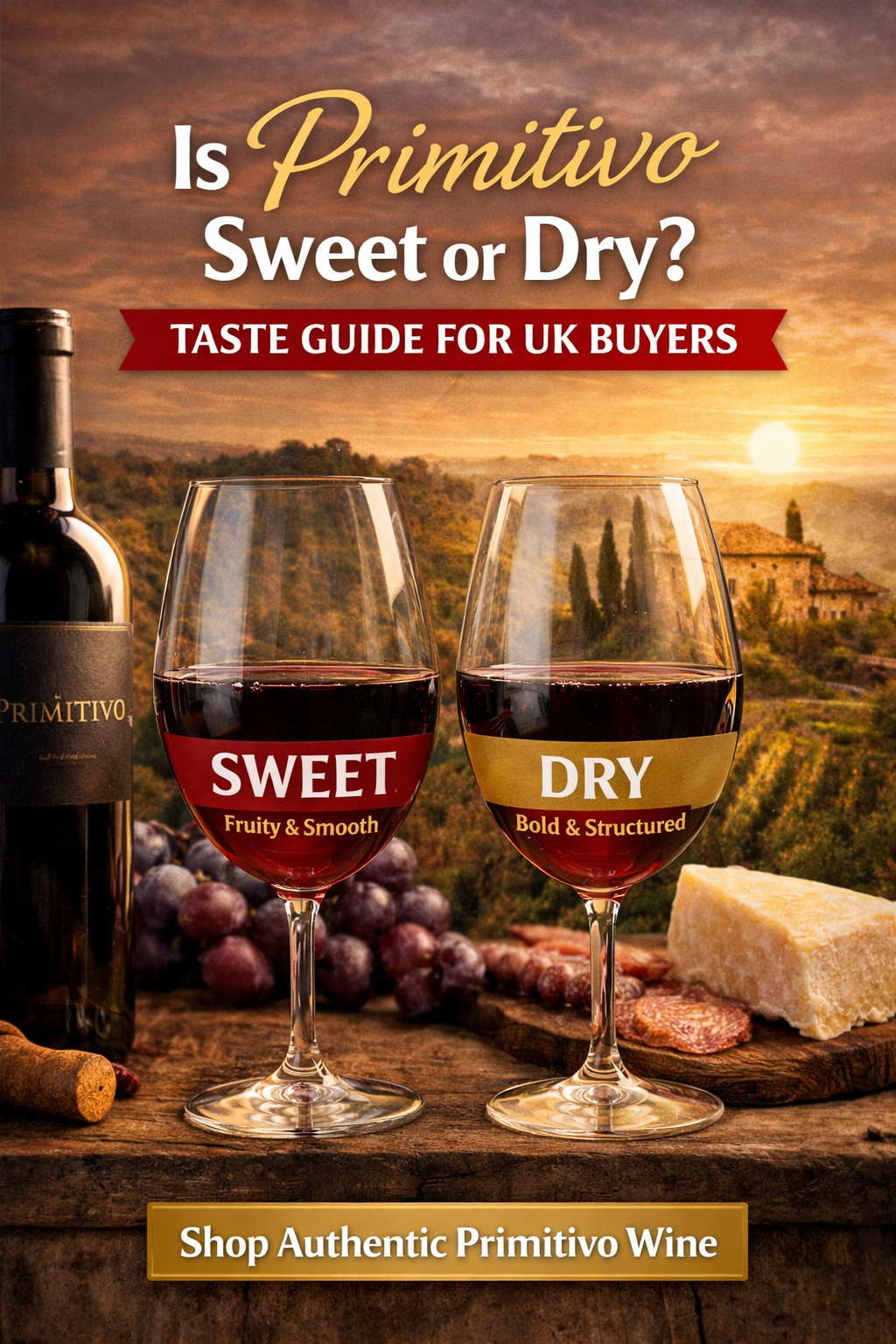 Two glasses of Primitivo wine labelled sweet and dry, showing flavour differences with Italian vineyard background