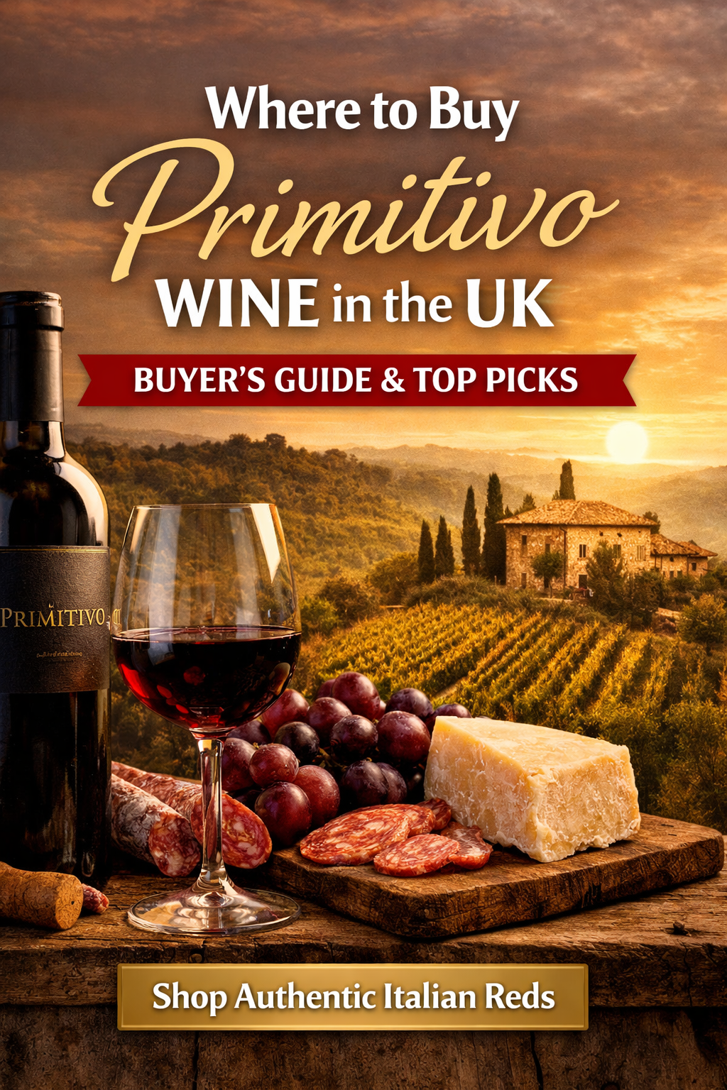 Primitivo wine bottle and glass with Italian countryside background, showing where to buy Primitivo wine in the UK
