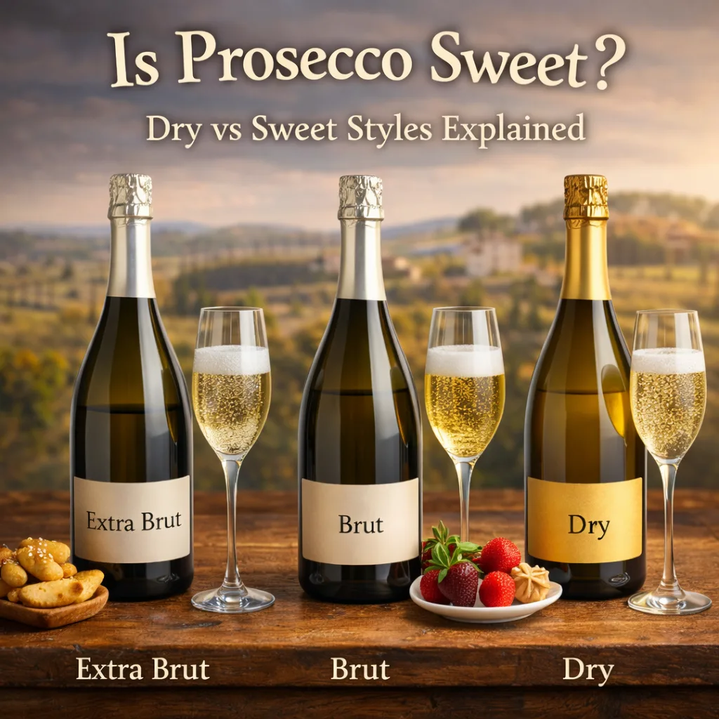 Prosecco sweetness levels shown with Extra Brut, Brut and Dry bottles and glasses