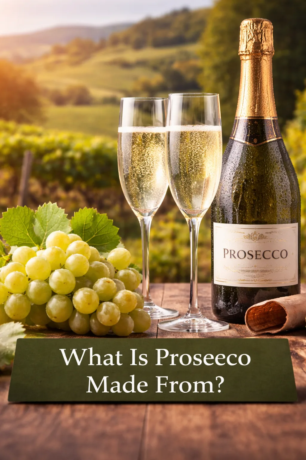 Prosecco bottle and glass showing Italian sparkling wine made from the Glera grape