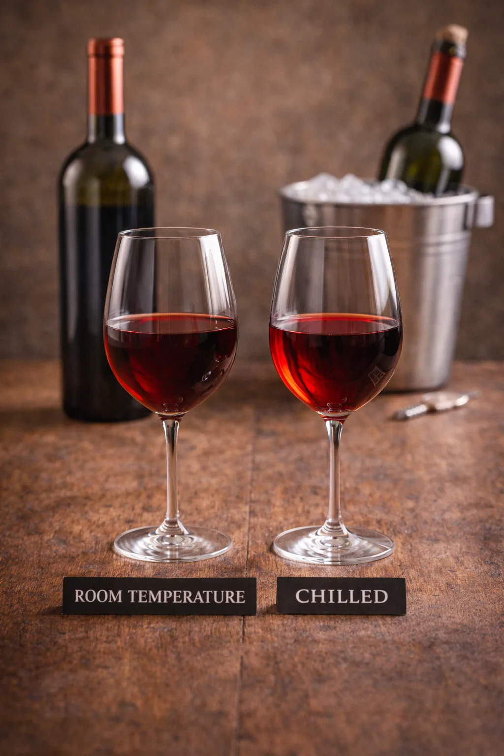Red wine glasses slightly chilled to show ideal serving temperature for red wine