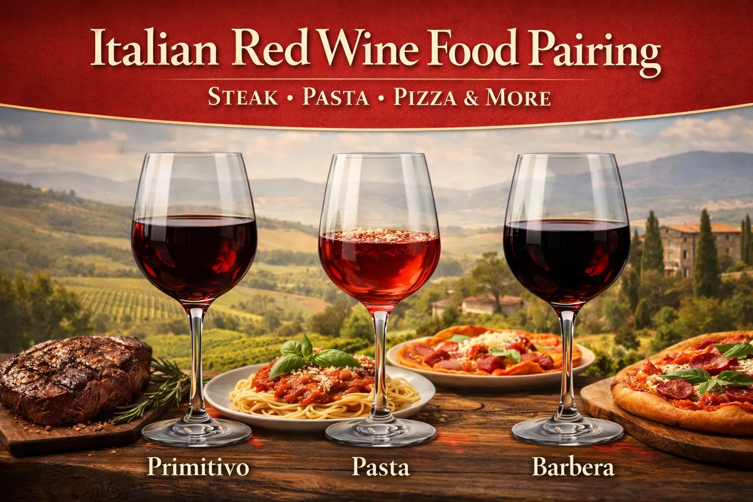 Italian red wine food pairing with steak, pasta and pizza on a rustic table