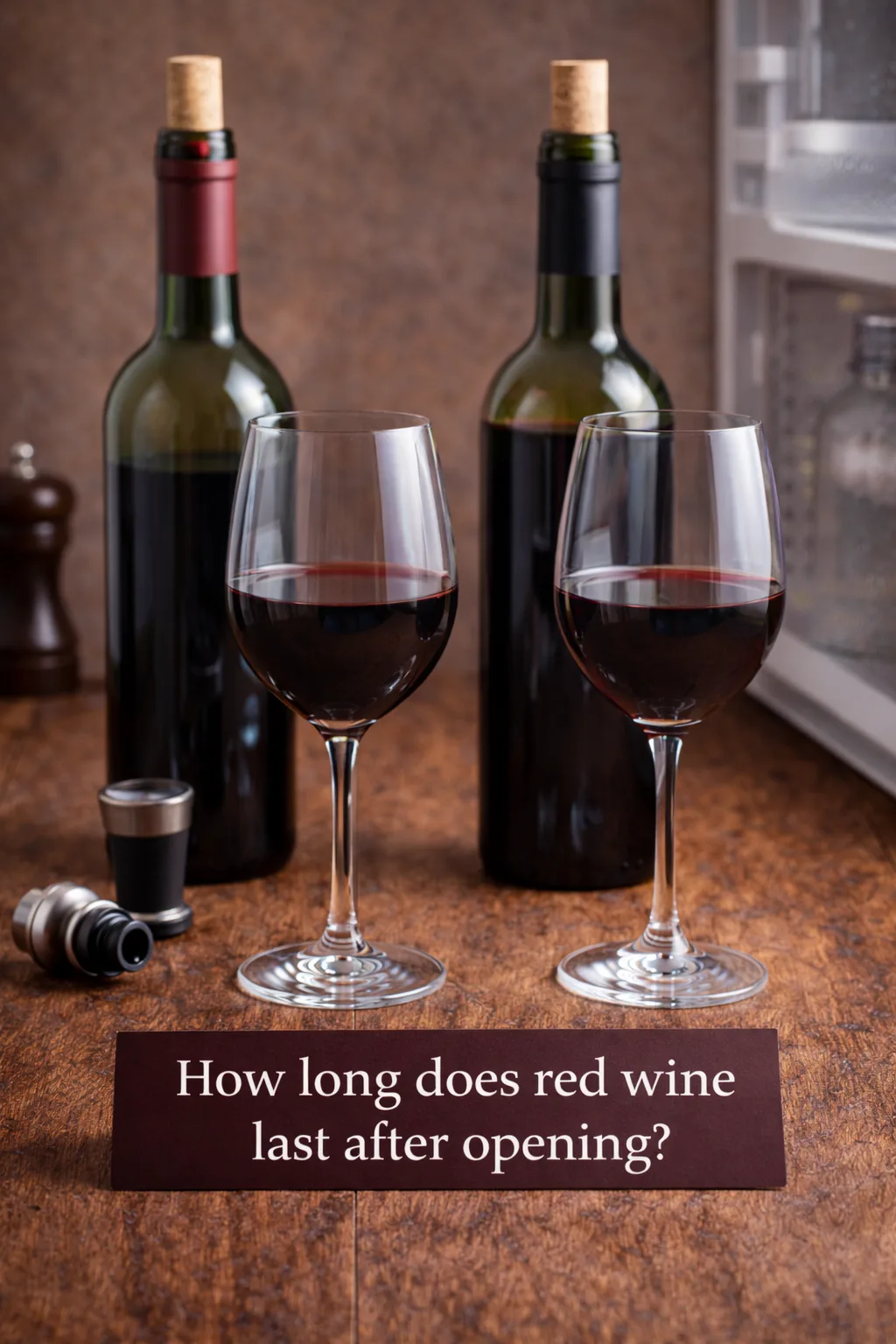 Opened red wine bottles and glasses showing how long red wine lasts after opening
