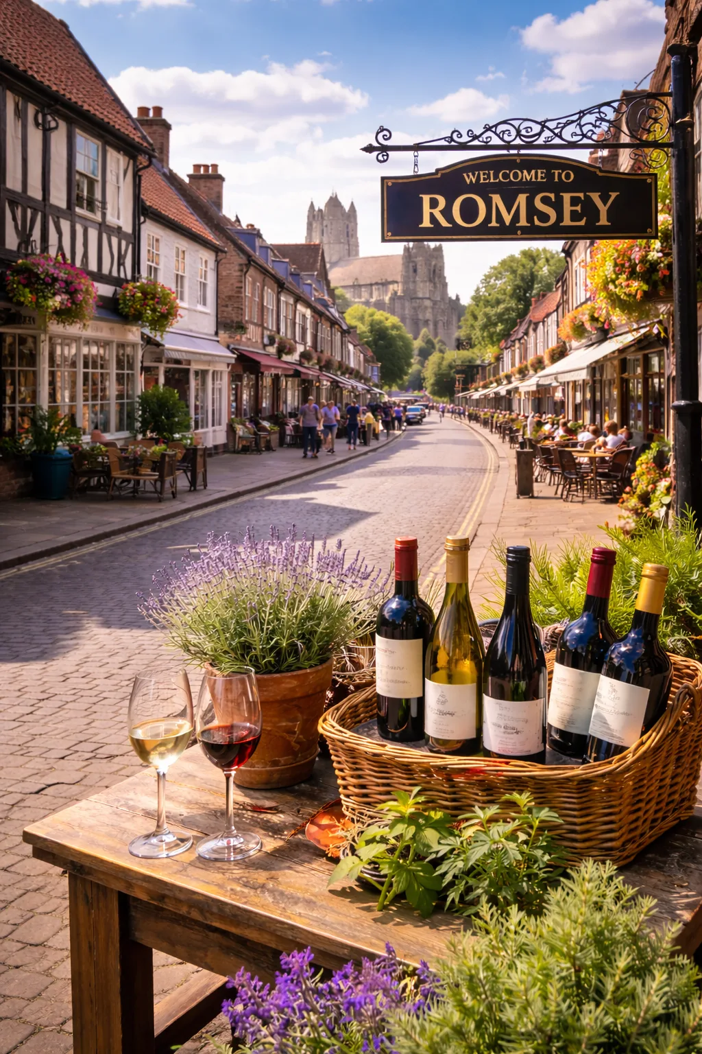 Wine shop Romsey with Italian wines displayed on a historic Hampshire high street