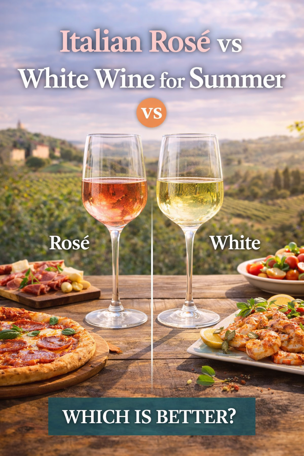 Italian rosé and white wine in two glasses on a rustic table with pizza and seafood in vineyard setting