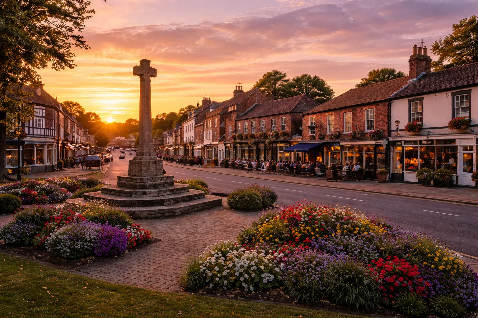 Wine delivery in Sandy town centre with the Market Square, war memorial and High Street at sunset