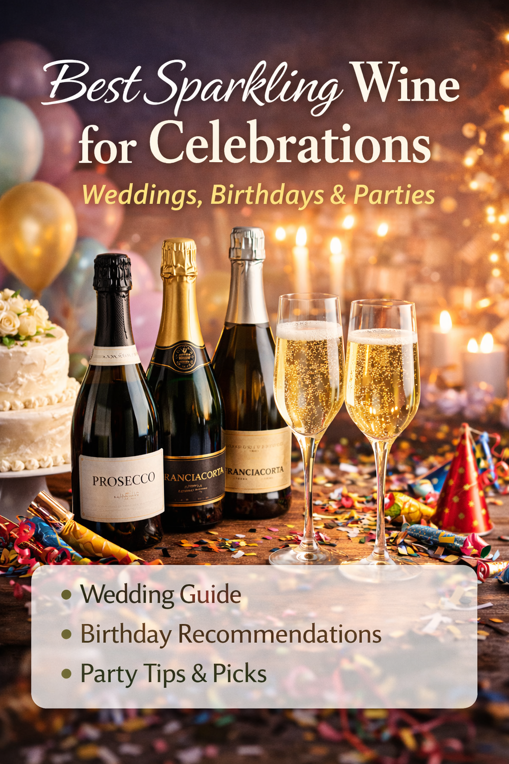 Sparkling wine bottles and glasses set for a celebration with wedding cake, party decorations and confetti
