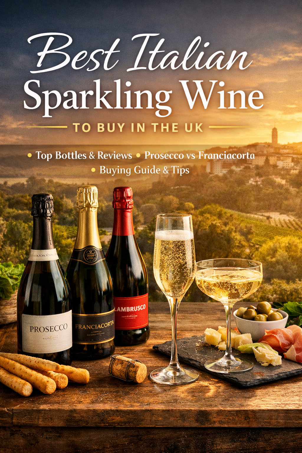 Italian sparkling wine bottles including Prosecco and Franciacorta with glasses of fizz on a rustic table