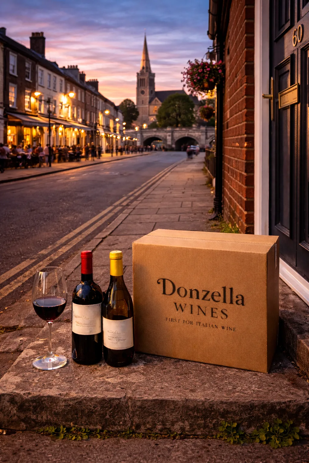 Wine delivery in St Neots with Donzella Wines box near St Mary’s Church and the riverside