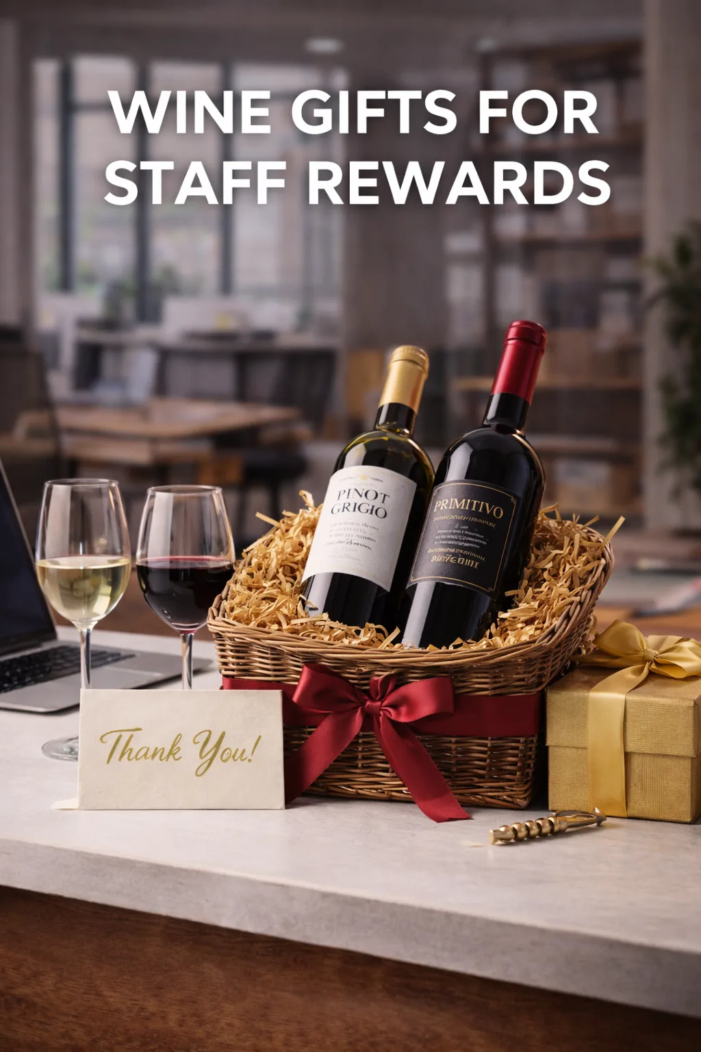 Wine gifts for staff rewards presented in a wicker gift basket for UK employees