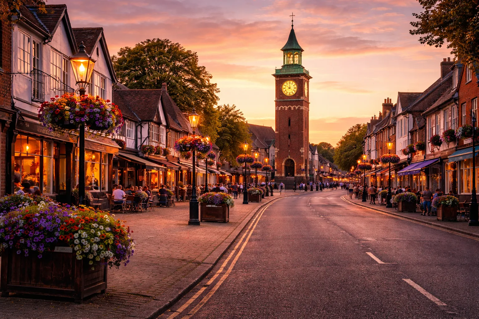 Wine delivery in Stevenage Old Town with the High Street and Clock Tower at sunset