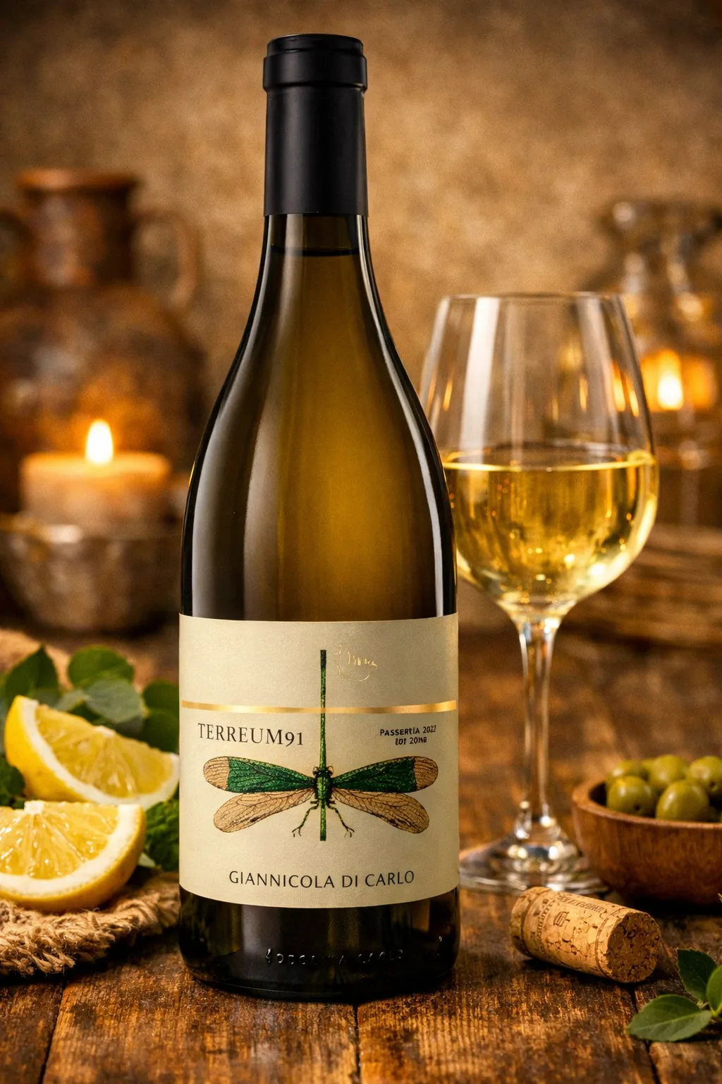 Giannicola di Carlo Terreum 91 Passerina 2022 organic white wine bottle with glass on rustic table
