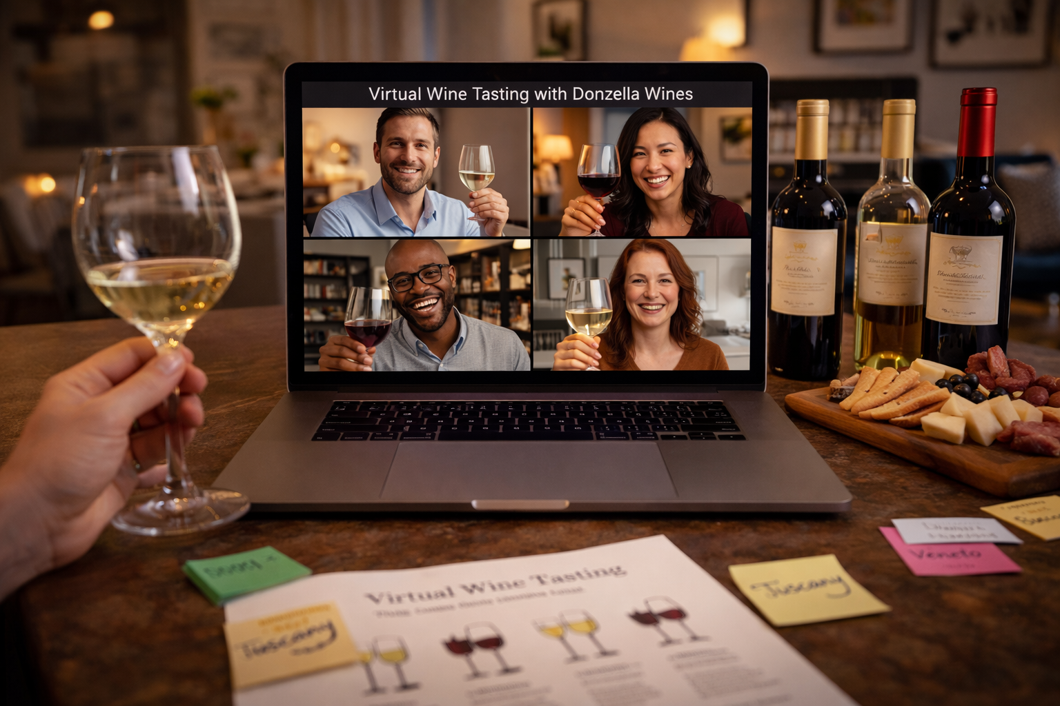 Virtual wine tasting for staff on a video call