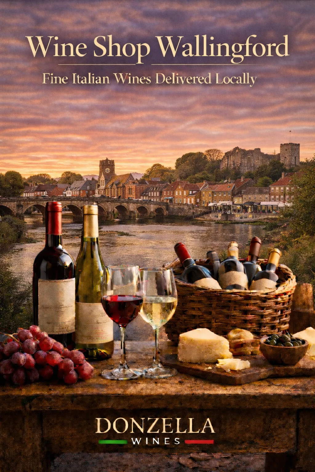 Wine bottles and glasses on a rustic table overlooking Wallingford bridge and the River Thames with castle ruins in the background.