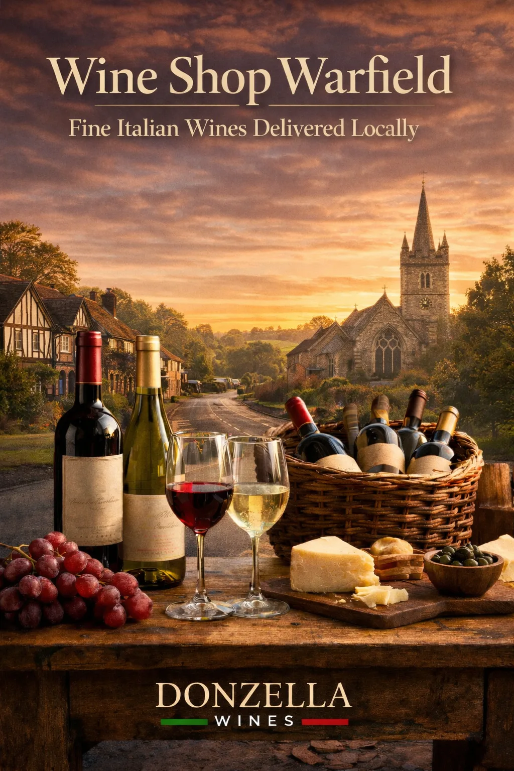 Wine bottles and glasses on a rustic table with Warfield village street and church in the background, promoting Donzella Wines delivery.