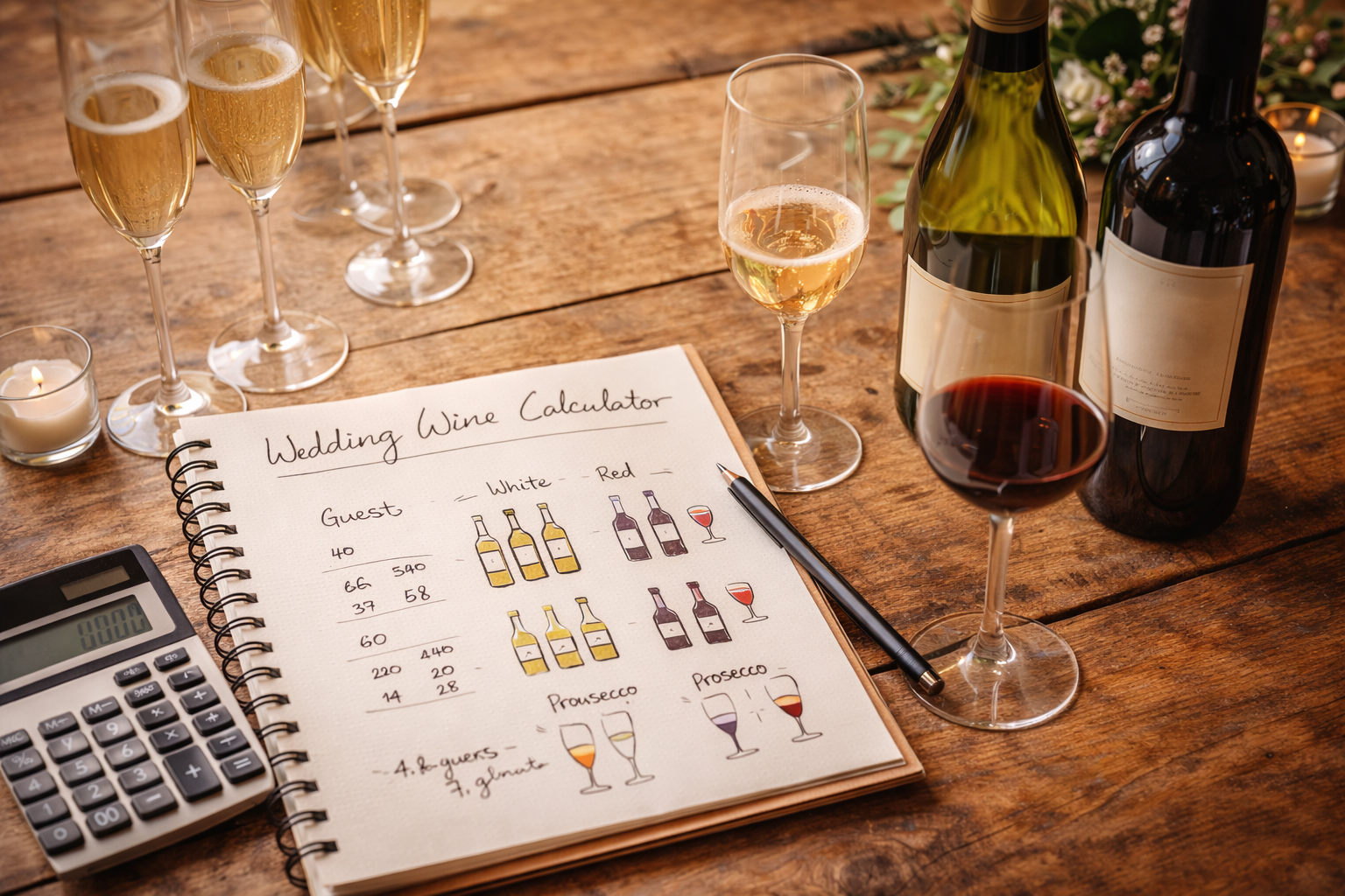 Wedding wine quantities calculator UK planning table