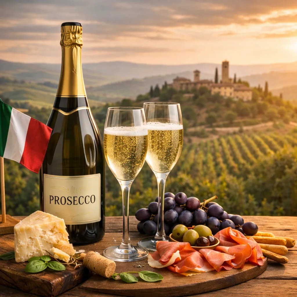 Bottle of Prosecco with two glasses showing Italian sparkling wine bubbles