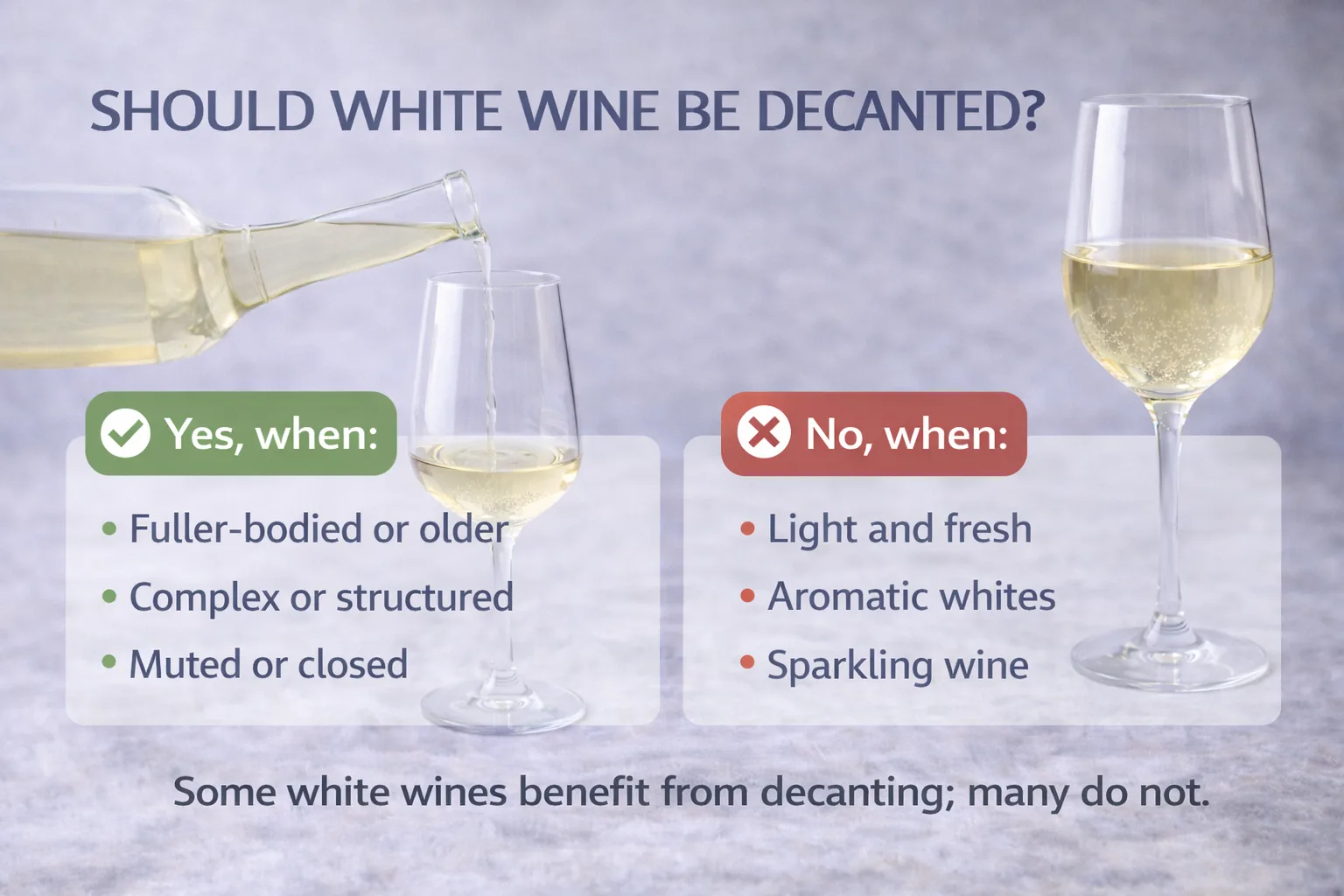 Decanter and bottle of white wine illustrating when white wine should be decanted