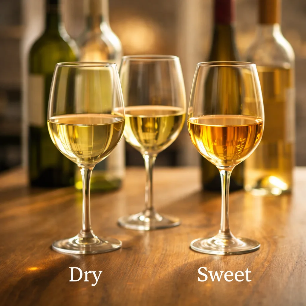 White wine glasses showing dry and sweeter styles with light golden and pale straw colours