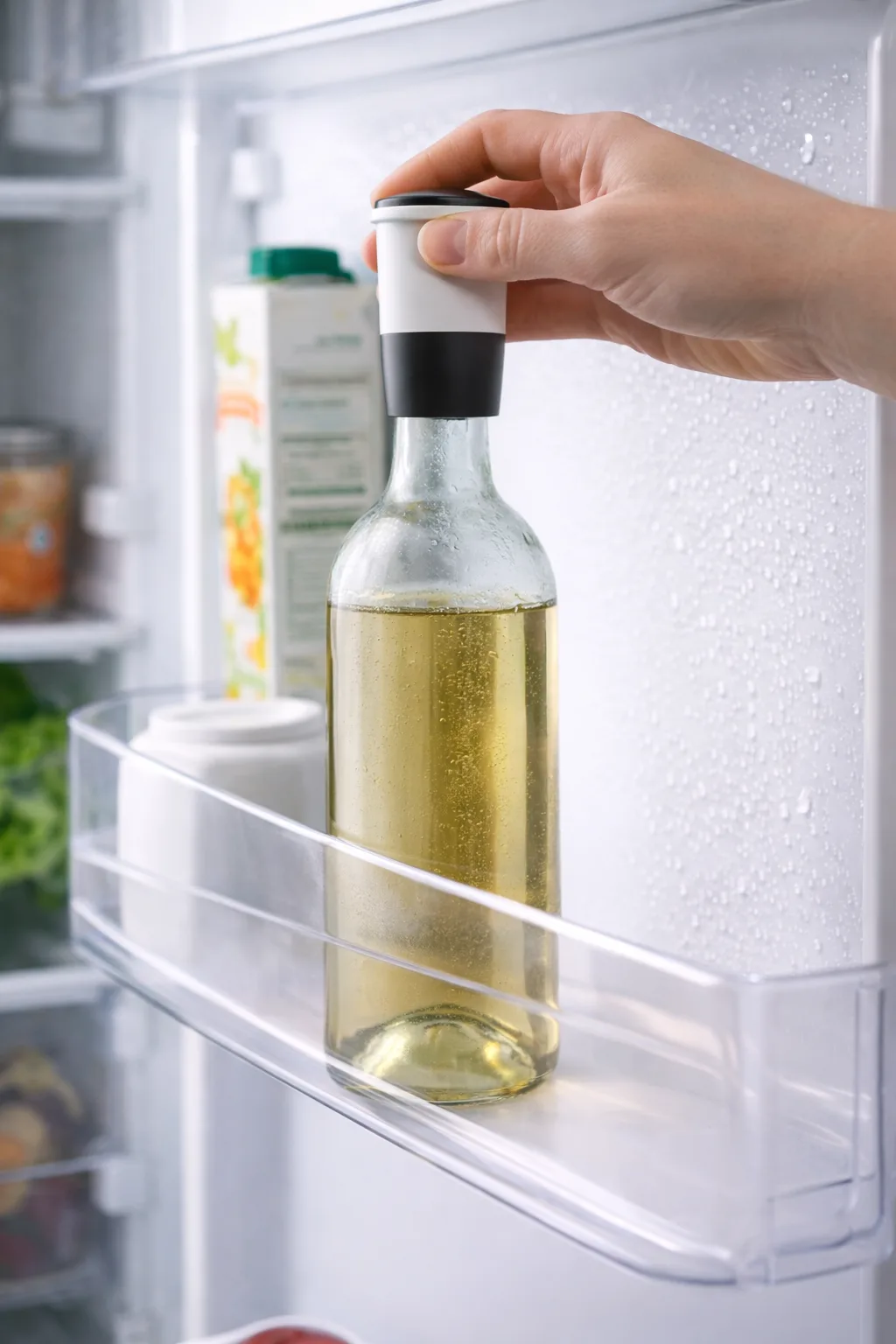 Opened bottle of white wine resealed and stored upright in a fridge to show how to store white wine after opening