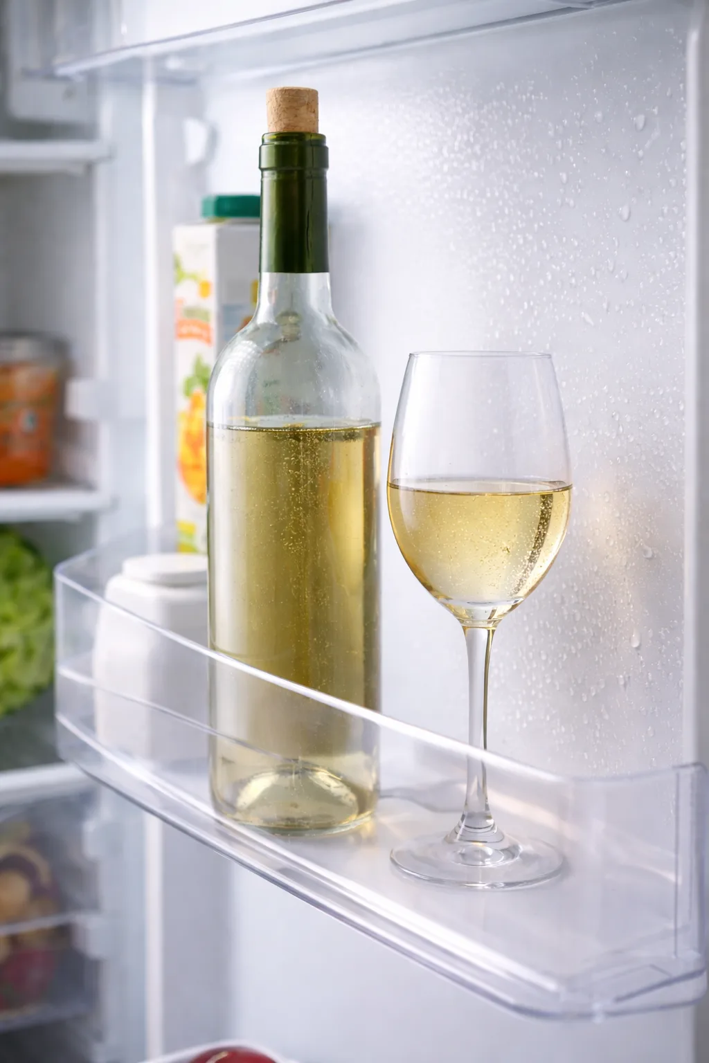 Bottle of white wine stored in a refrigerator to show when white wine should be refrigerated