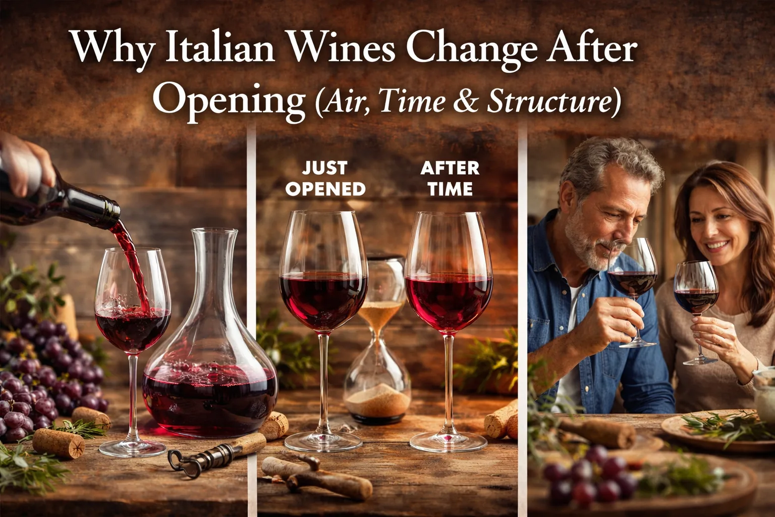 Italian wine changing after opening, showing wine just poured, after time in the glass, and enjoyed at the table