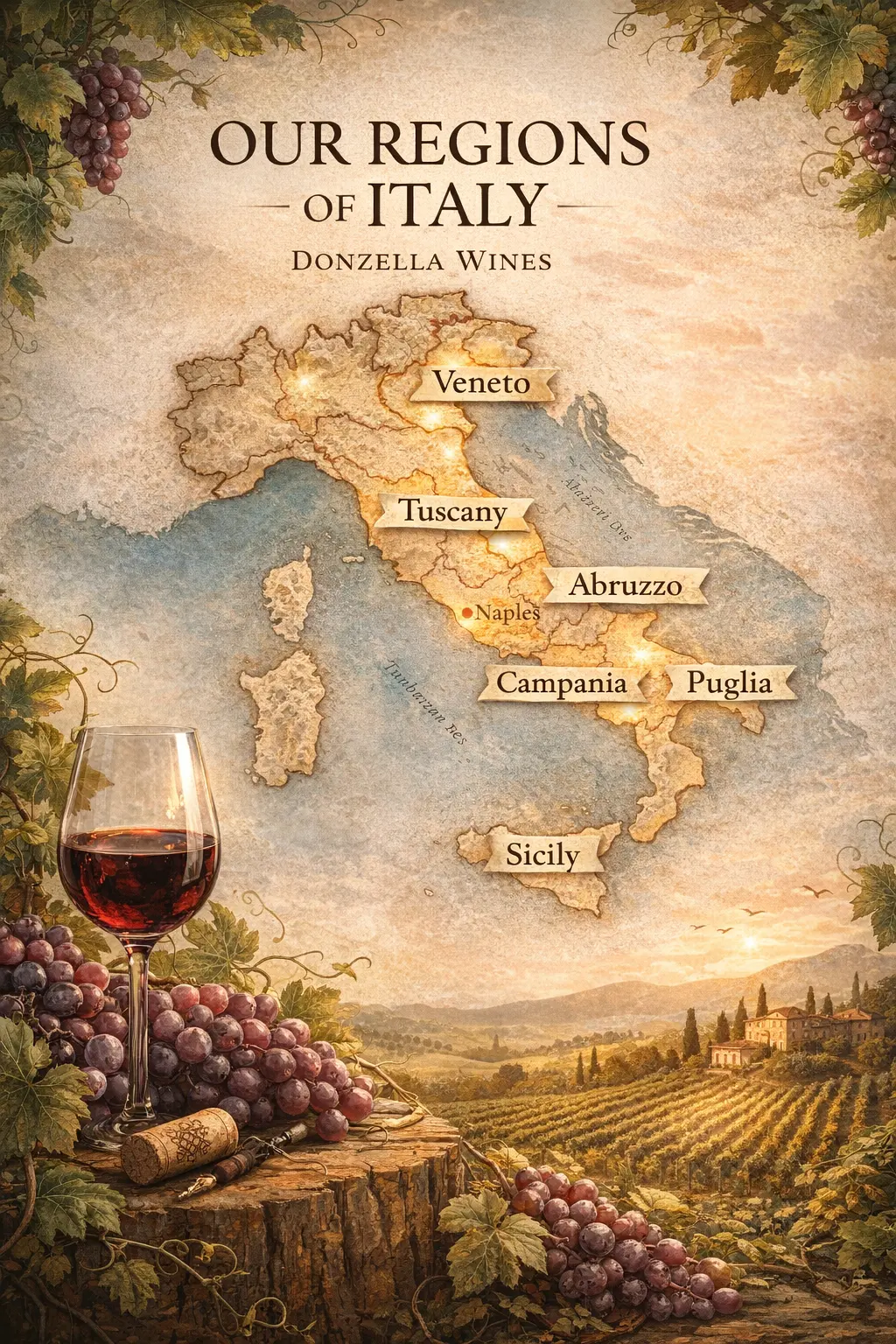 Our Regions of Italy – Donzella Wines Map of Italy showing key wine regions stocked by Donzella Wines including Campania, Veneto and Tuscany