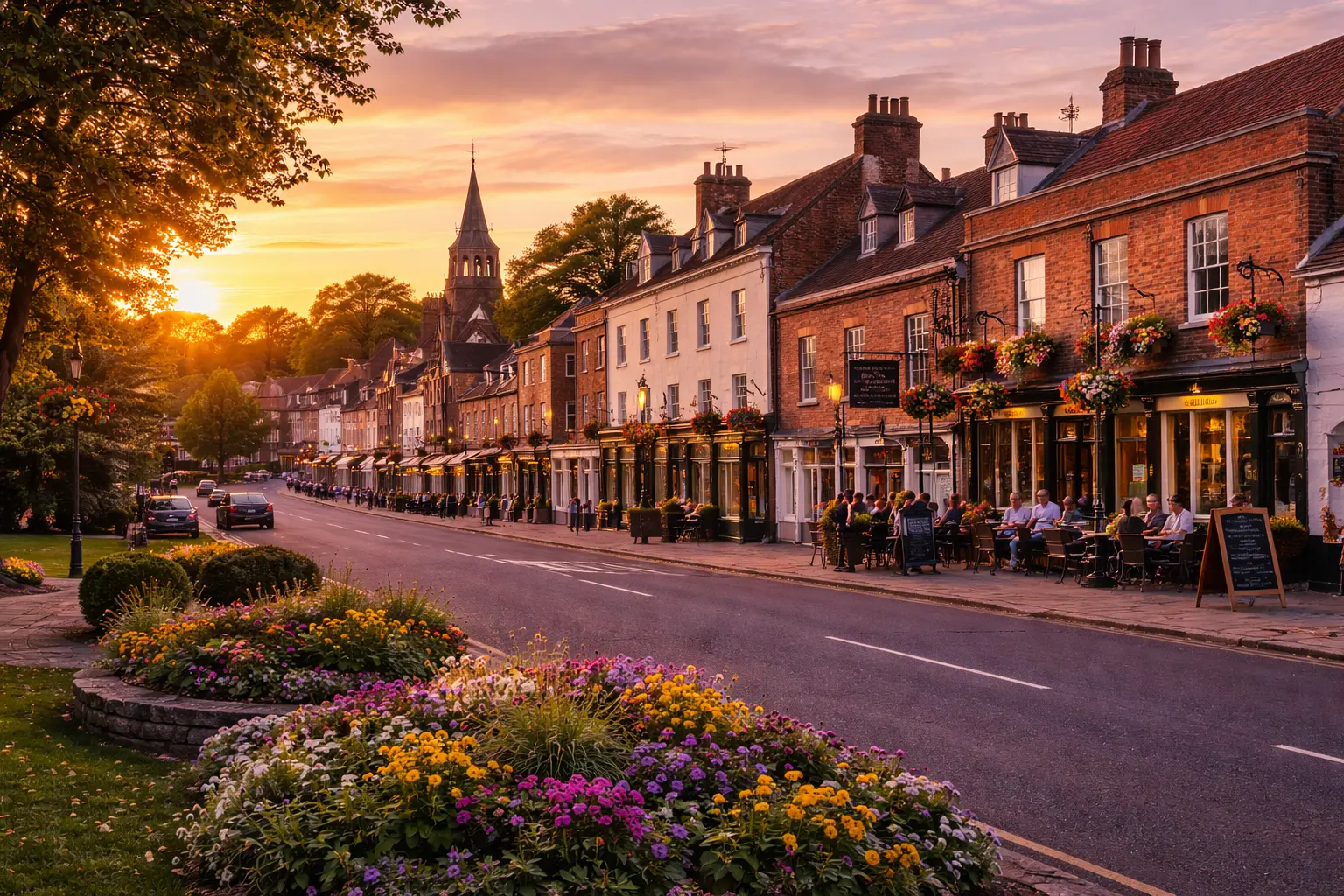 Wine delivery in Woburn village with the Georgian High Street, independent shops and pubs at sunset