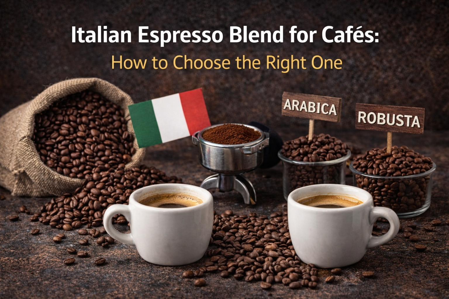 Italian espresso blend for cafés showing Arabica and Robusta beans, espresso cups and portafilter