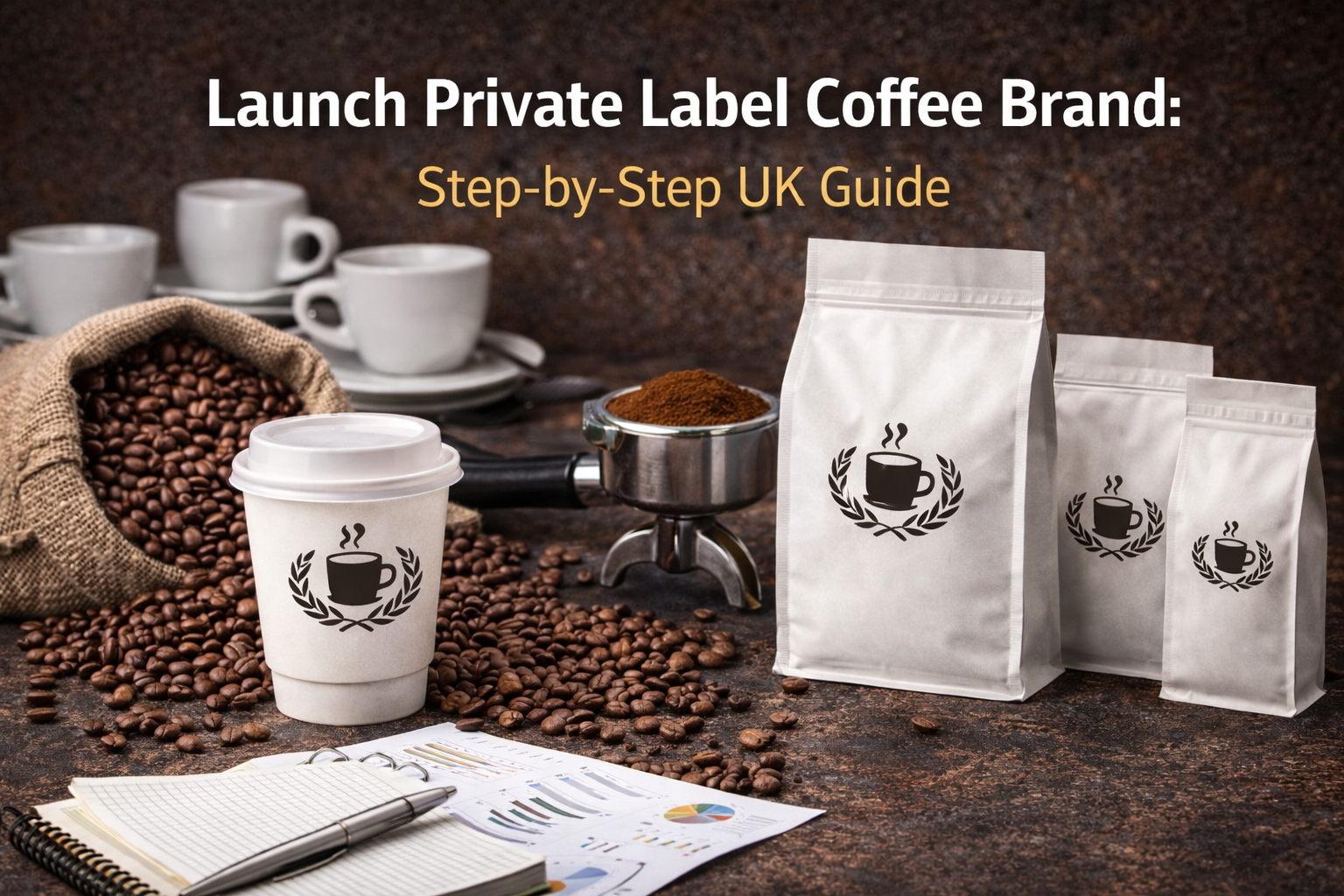 Launch private label coffee brand with espresso cups, coffee beans and branded packaging