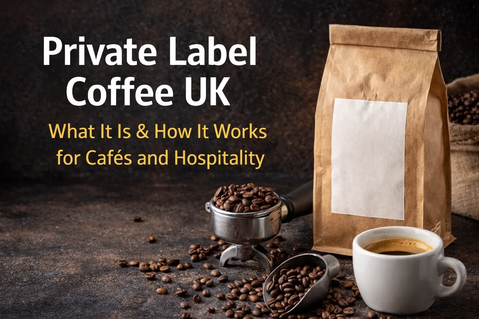 Private label coffee UK with Italian espresso beans, blank branded coffee bag and espresso cup