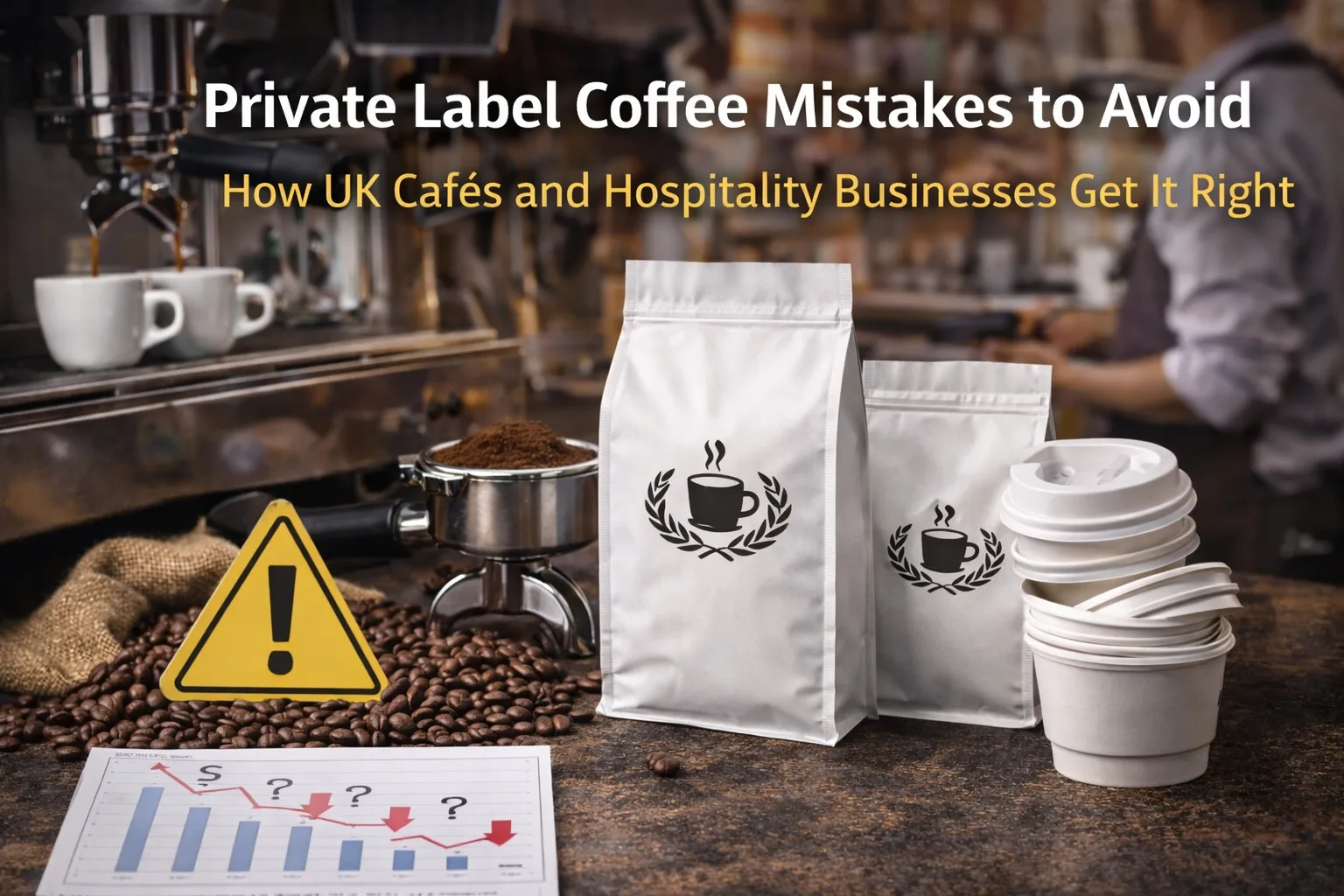 Private label coffee mistakes shown through espresso setup, coffee beans and inconsistent packaging