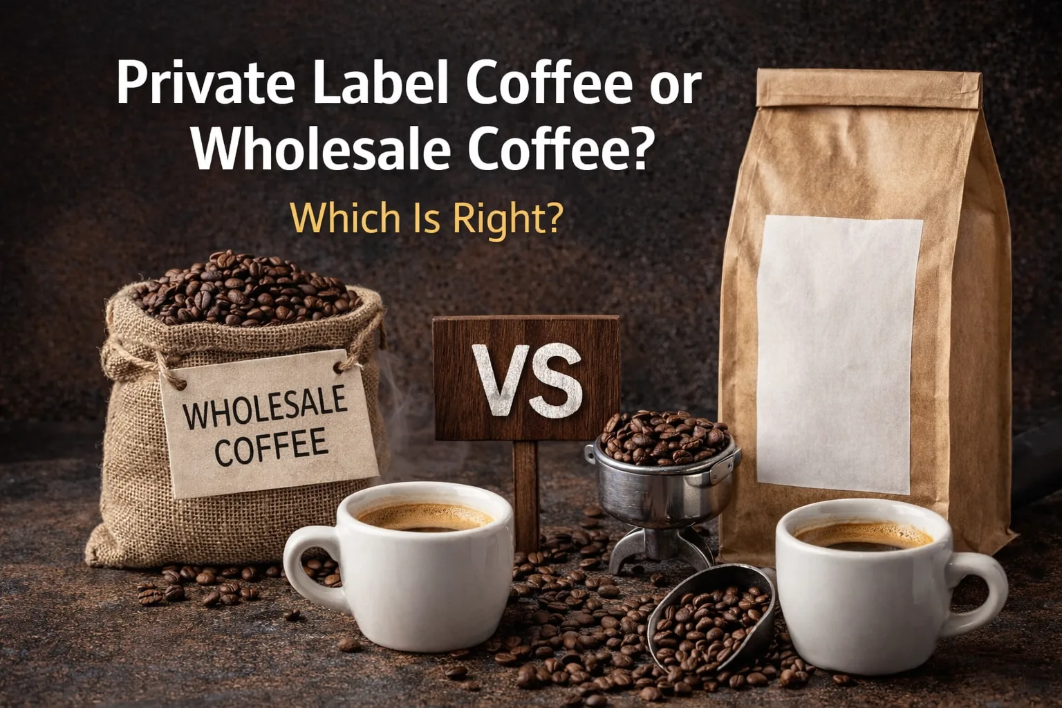 Private label coffee or wholesale coffee comparison showing espresso cups, coffee beans and packaging
