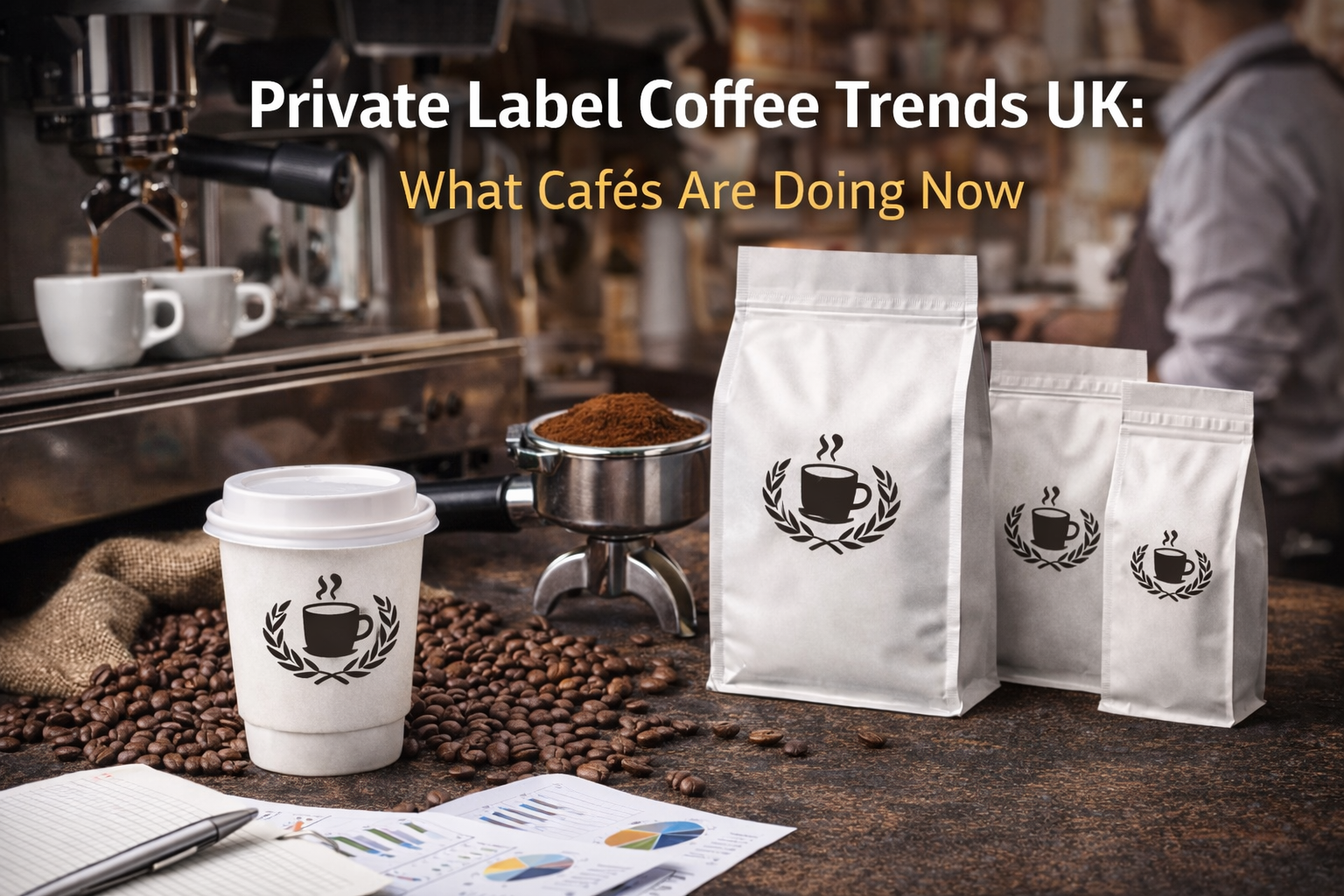 Private label coffee trends UK showing own-brand coffee packaging and espresso service in cafés