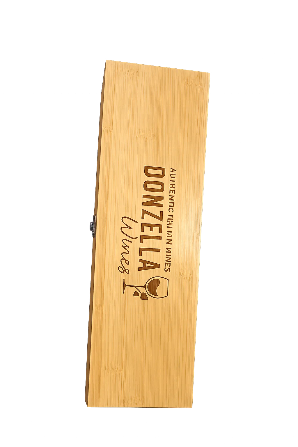 Donzella Wines branded wooden wine gift case closed presentation box