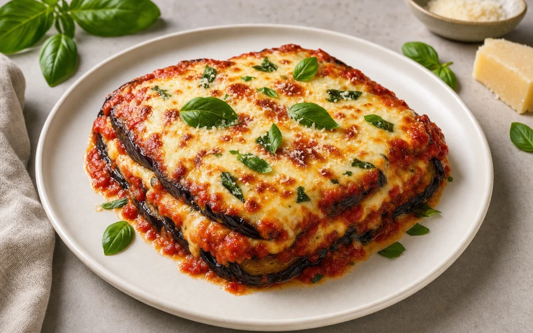 Studio-style aubergine parmigiana for best wine pairing ideas in the UK