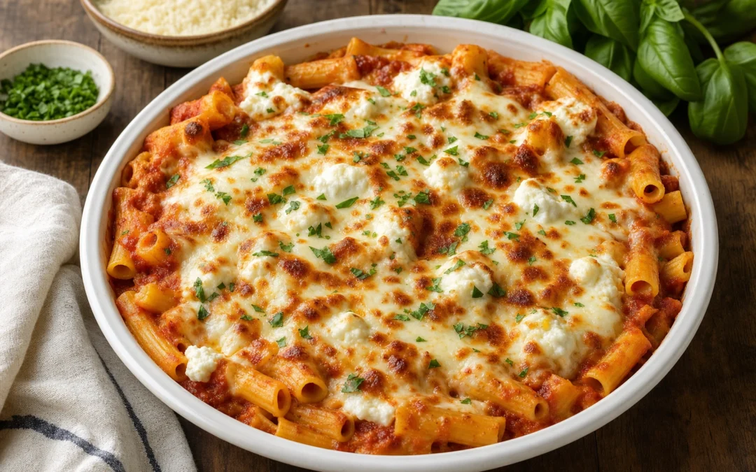 Baked Ziti served for a UK Italian wine pairing guide
