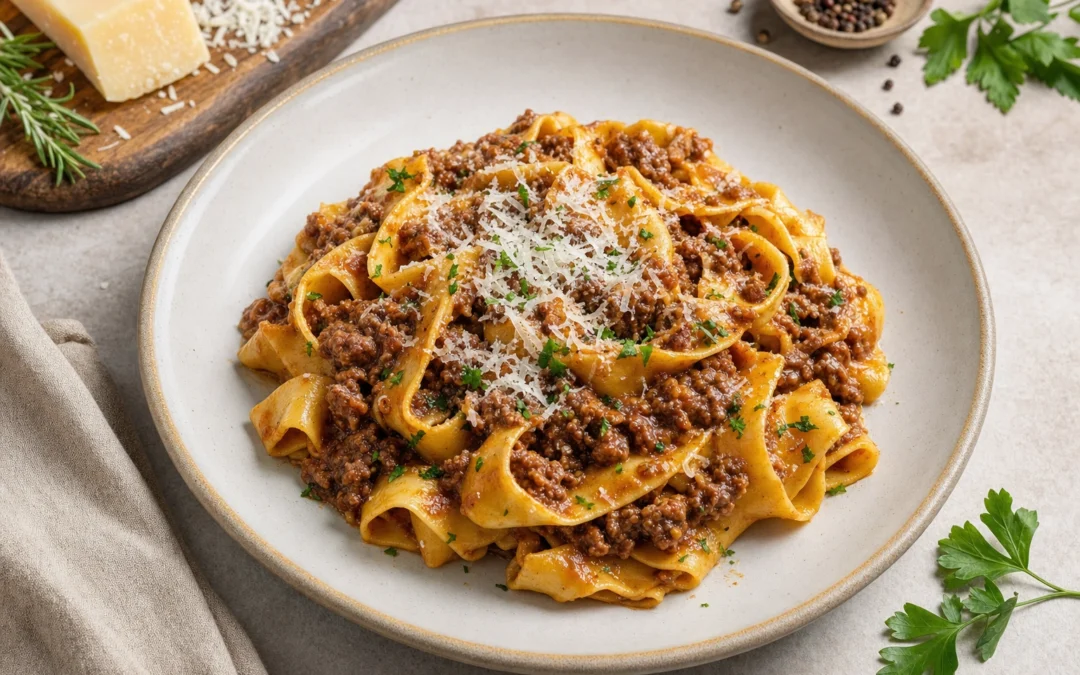 Beef Ragu Pappardelle served for a UK Italian wine pairing guide