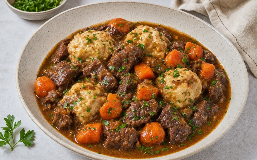 Beef Stew and Dumplings served for a UK Italian wine pairing guide