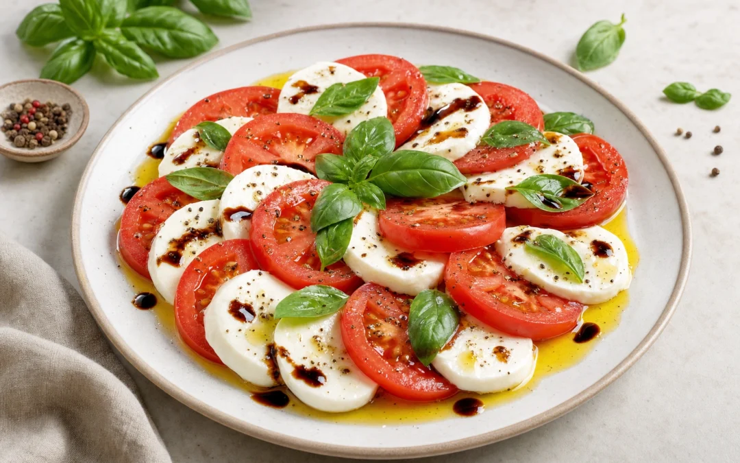 Restaurant-style caprese salad for a UK wine pairing article