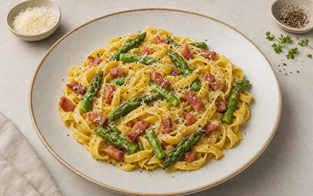 Carbonara with Asparagus served for a UK Italian wine pairing guide