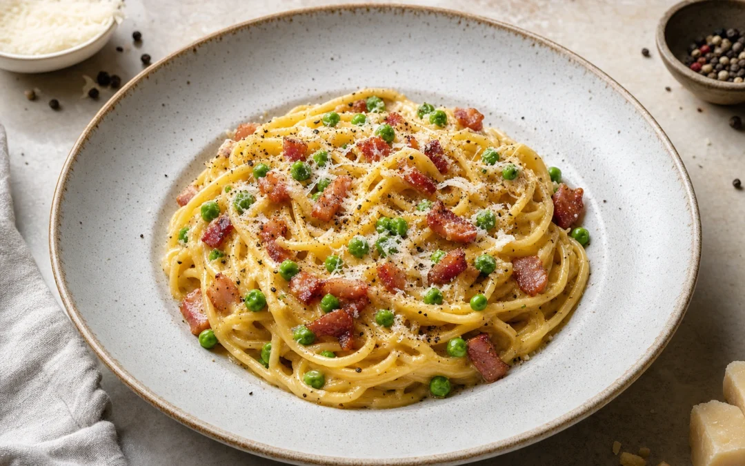 Carbonara with Peas served for a UK Italian wine pairing guide