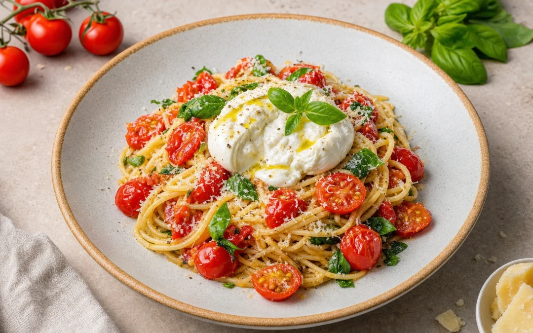 Cherry Tomato and Burrata Spaghetti served for a UK Italian wine pairing guide
