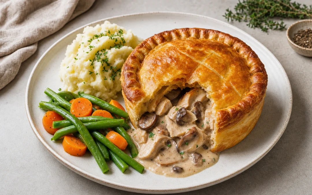 Restaurant-style chicken and mushroom pie for a UK wine pairing article