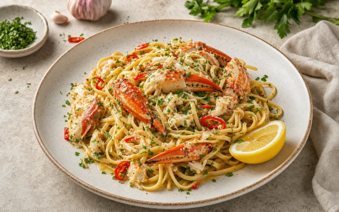 Crab Linguine served for a UK Italian wine pairing guide